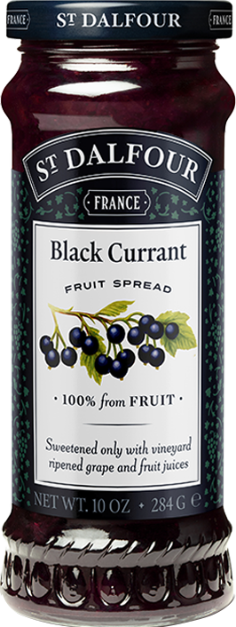 A bottle of St. Dalfour's Black Currant fruit spread