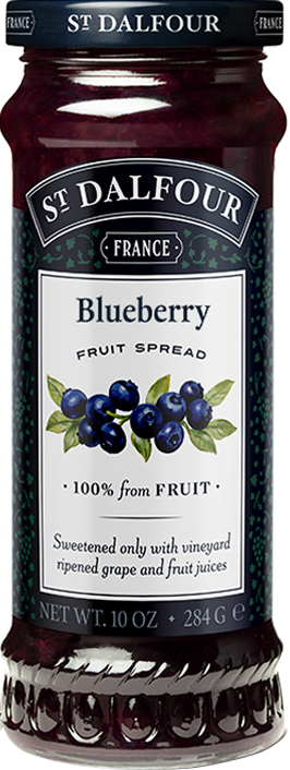 A bottle of St. Dalfour's Blueberry fruit spread