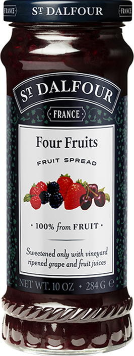 A bottle of St. Dalfour's Four Fruits fruit spread