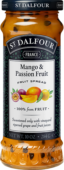 A bottle of St. Dalfour's Mango & Passion Fruit fruit spread