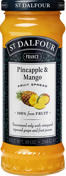 A bottle of St. Dalfour's Pineapple & Mango fruit spread