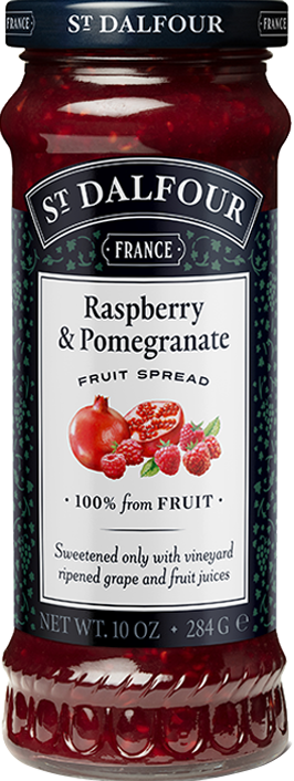 A bottle of St. Dalfour's Raspberry & Pomegranate fruit spread