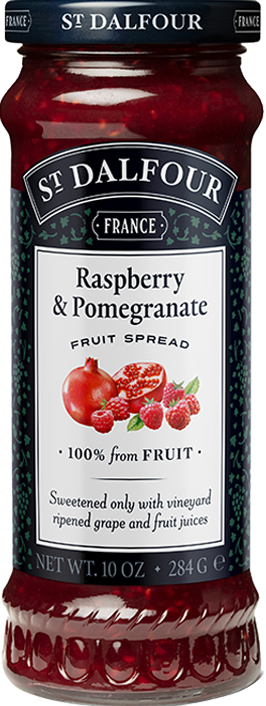 A bottle of St. Dalfour's Raspberry & Pomegranate fruit spread