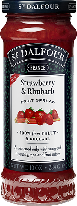 A bottle of St. Dalfour's Strawberry & Rhubarb fruit spread