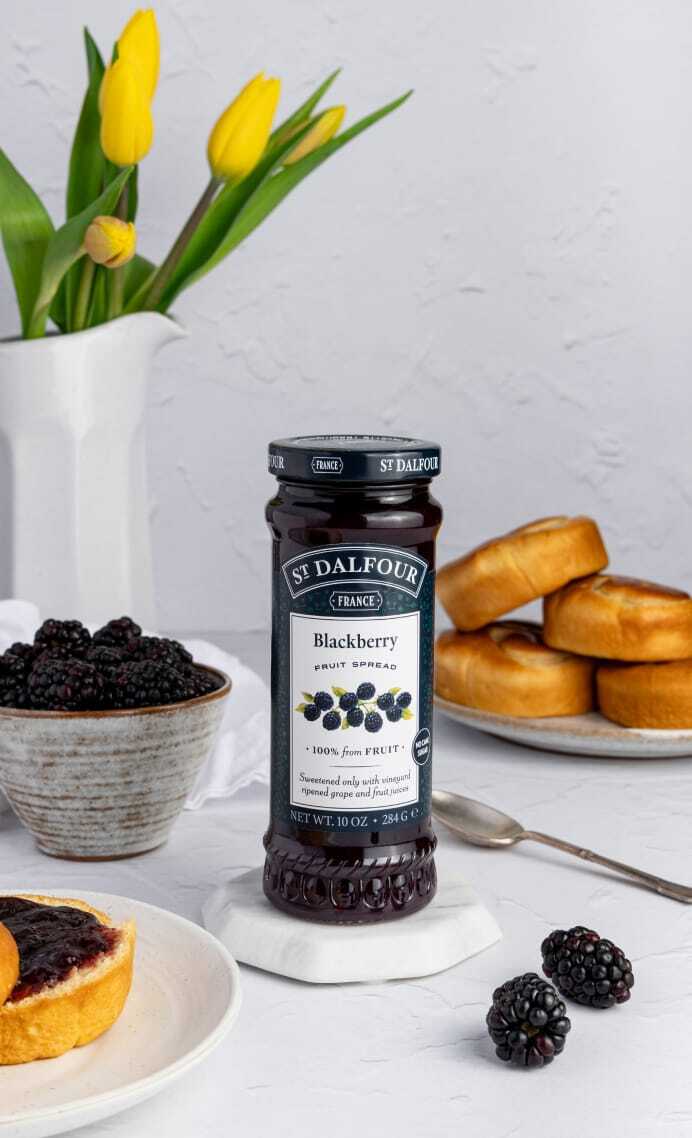 A bottle of St. Dalfour's Black Raspberry fruit spread